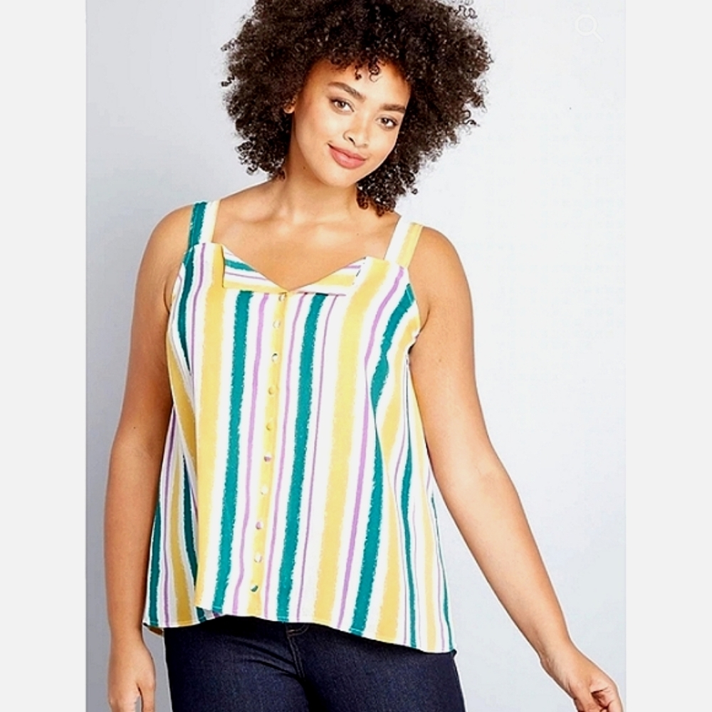 Modcloth Button Front Tank Blouse Striped Yellow Green Lightweight plus size